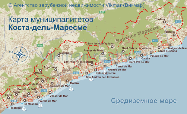 Карта муниципалитетов Коста дель Маресме в Испании Карта муниципалитетов Коста дель Маресме в Испании