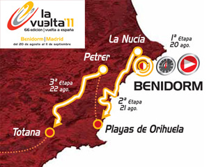 Карта-схема 1 и 2 этапов велогонки "Vuelta a España" 2011 (Бенидорм, Ла Нусия-Ориуела) Карта-схема 1 и 2 этапов велогонки "Vuelta a España" 2011 (Бенидорм, Ла Нусия-Ориуела)