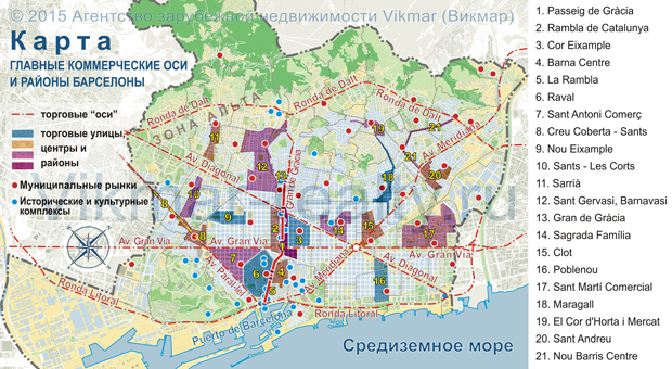 Карта главные коммерческие оси Барселоны Карта главные коммерческие оси Барселоны