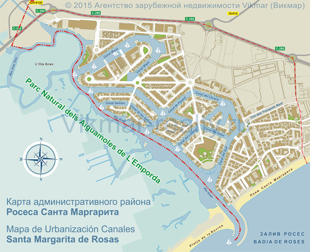 Карта административного района Санта Маргарита города Росас (Rosas / Roses), Испания (коммерческое районирование недвижимости в городе Росесе). Mapa de Urbanización Canales Santa Margarita de Rosas